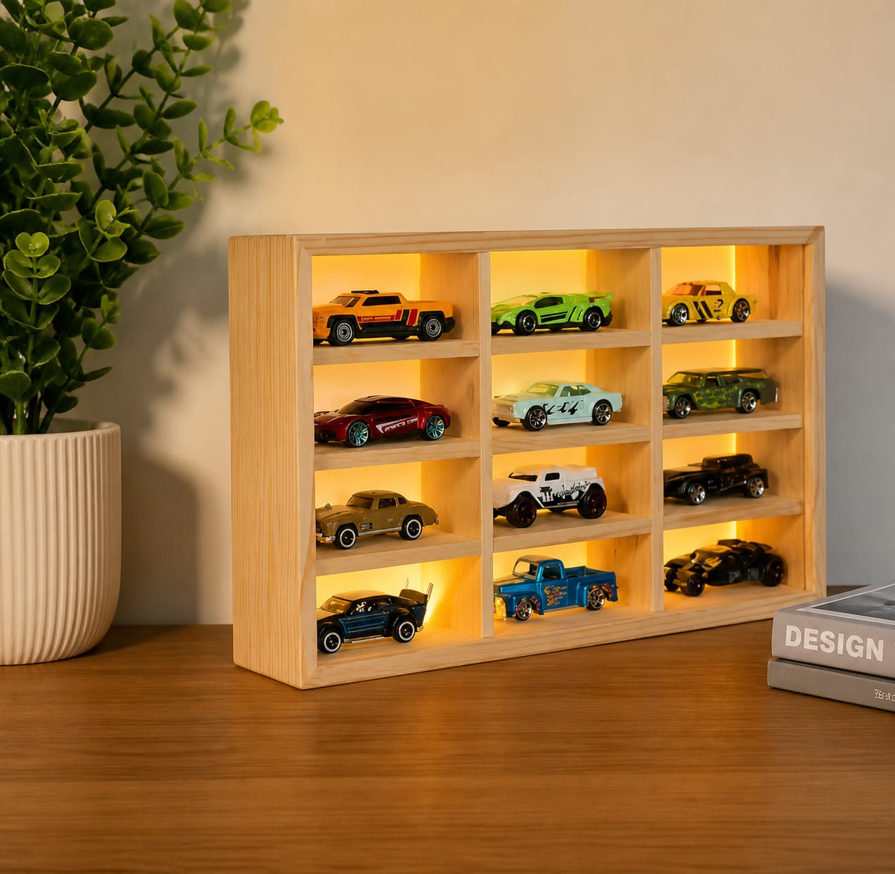 Wooden Light Up Hot Wheels Organizer With 12 Cars - Things of Art