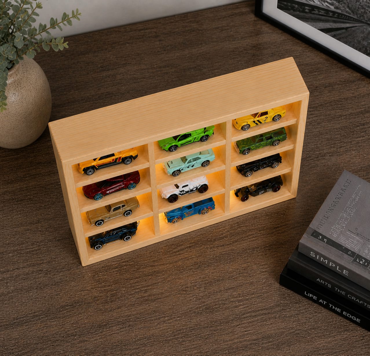 Wooden Light Up Hot Wheels Organizer With 12 Cars - Things of Art