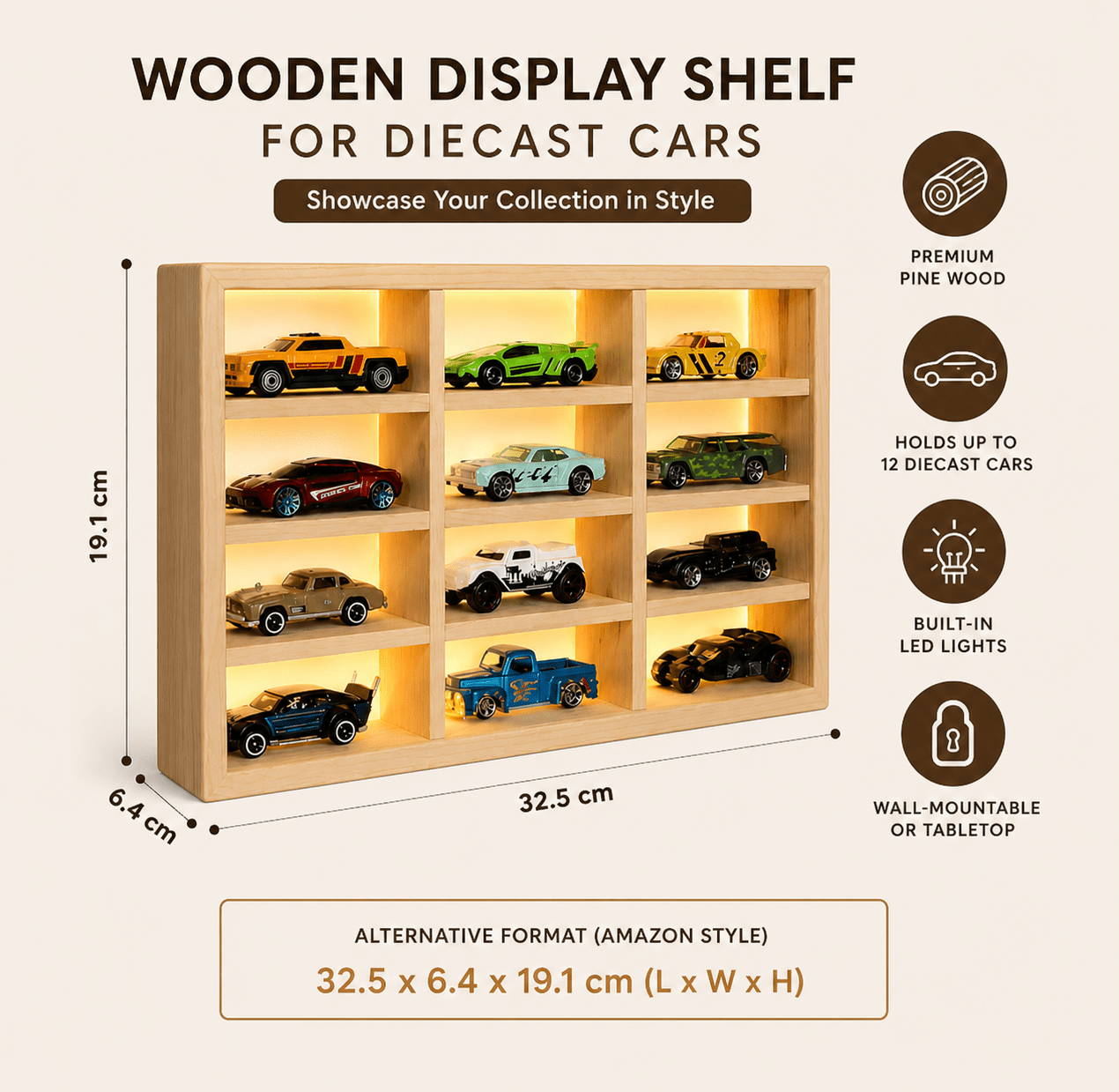 Wooden Light Up Hot Wheels Organizer With 12 Cars - Things of Art
