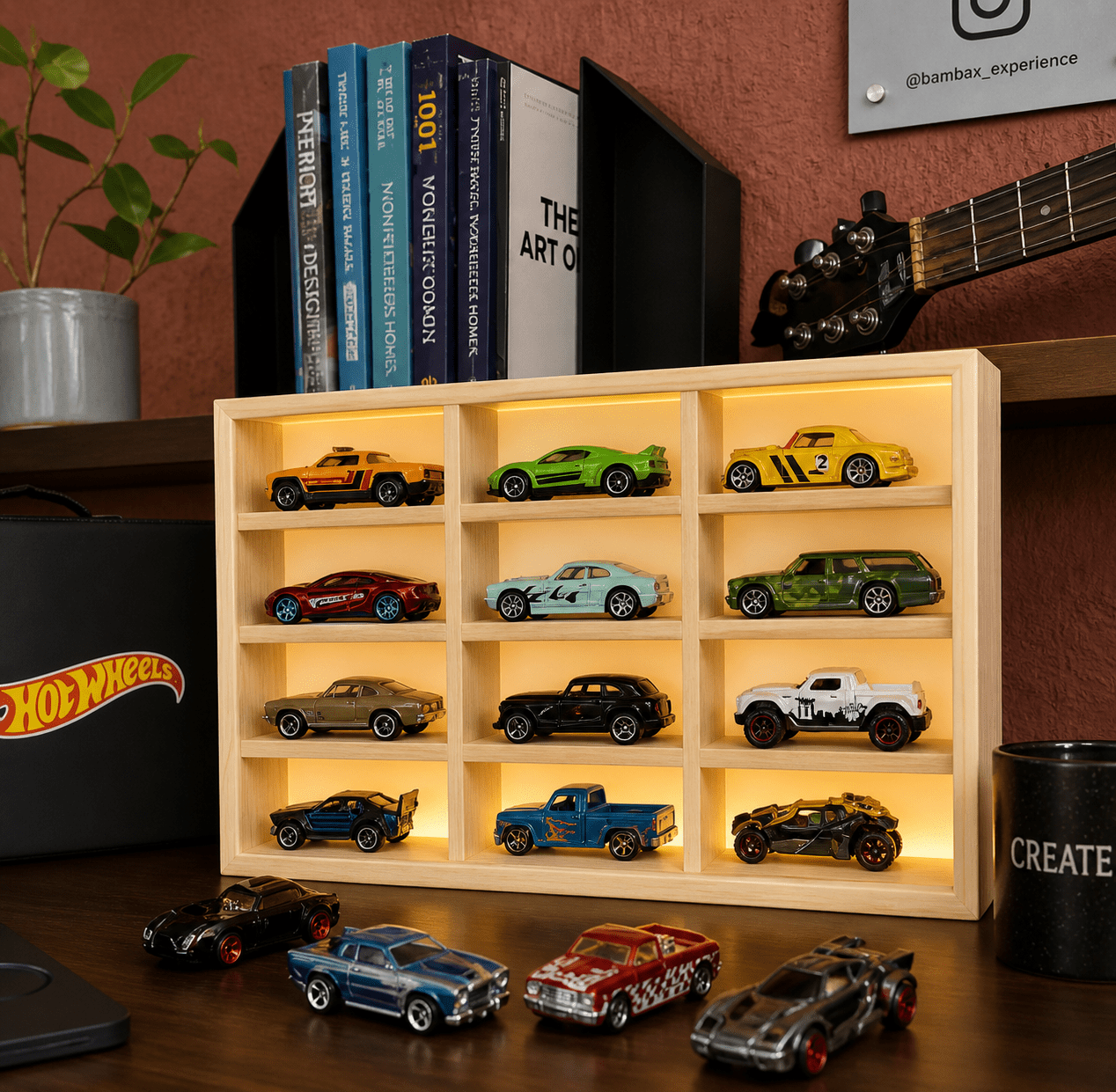 Wooden Light Up Hot Wheels Organizer With 12 Cars - Things of Art
