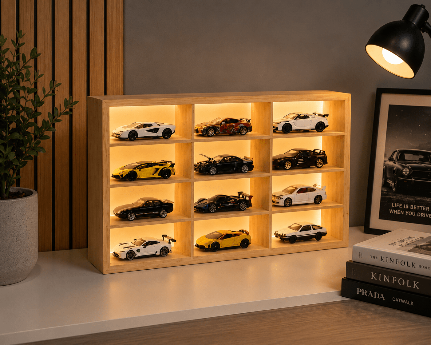 Wooden Light Up Hot Wheels Organizer With 12 Cars - Things of Art