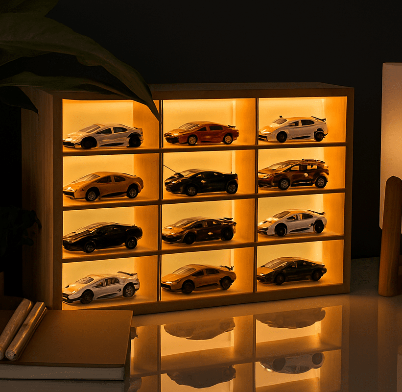 Front view of a pinewood Hot Wheels car organizer with illuminated compartments and evenly spaced slots for miniature cars
