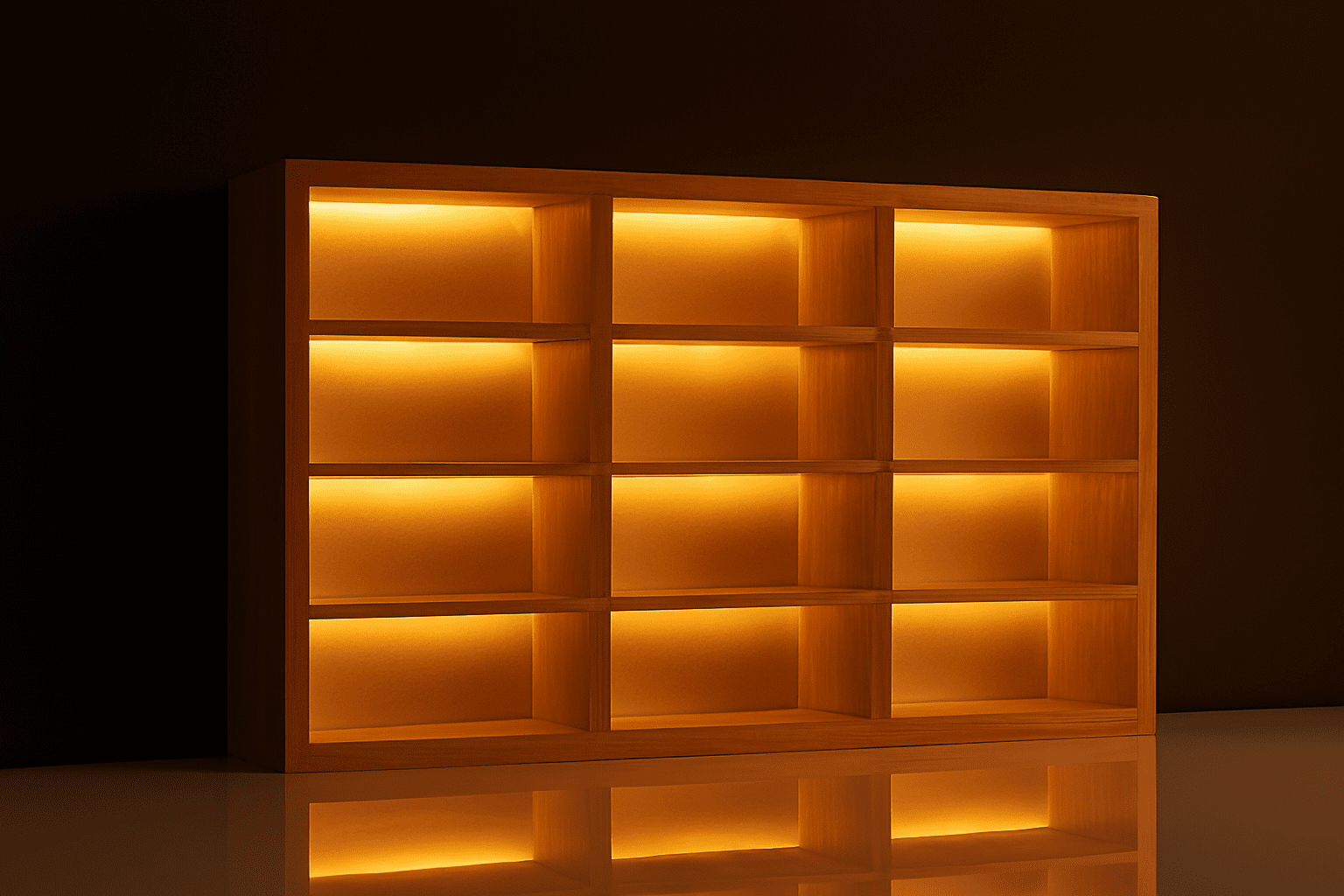 Side perspective of handcrafted pinewood car organizer with LED lighting for displaying Hot Wheels and Matchbox cars