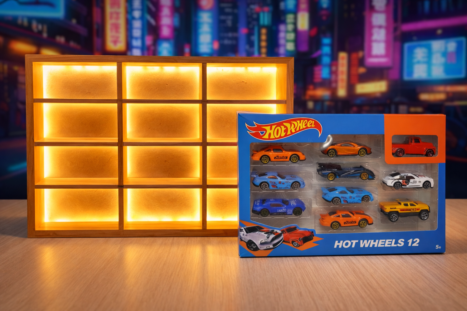 Wooden Light-Up Hot Wheels organizer display case with built-in LED lights and multiple slots for 1:64 scale die-cast cars